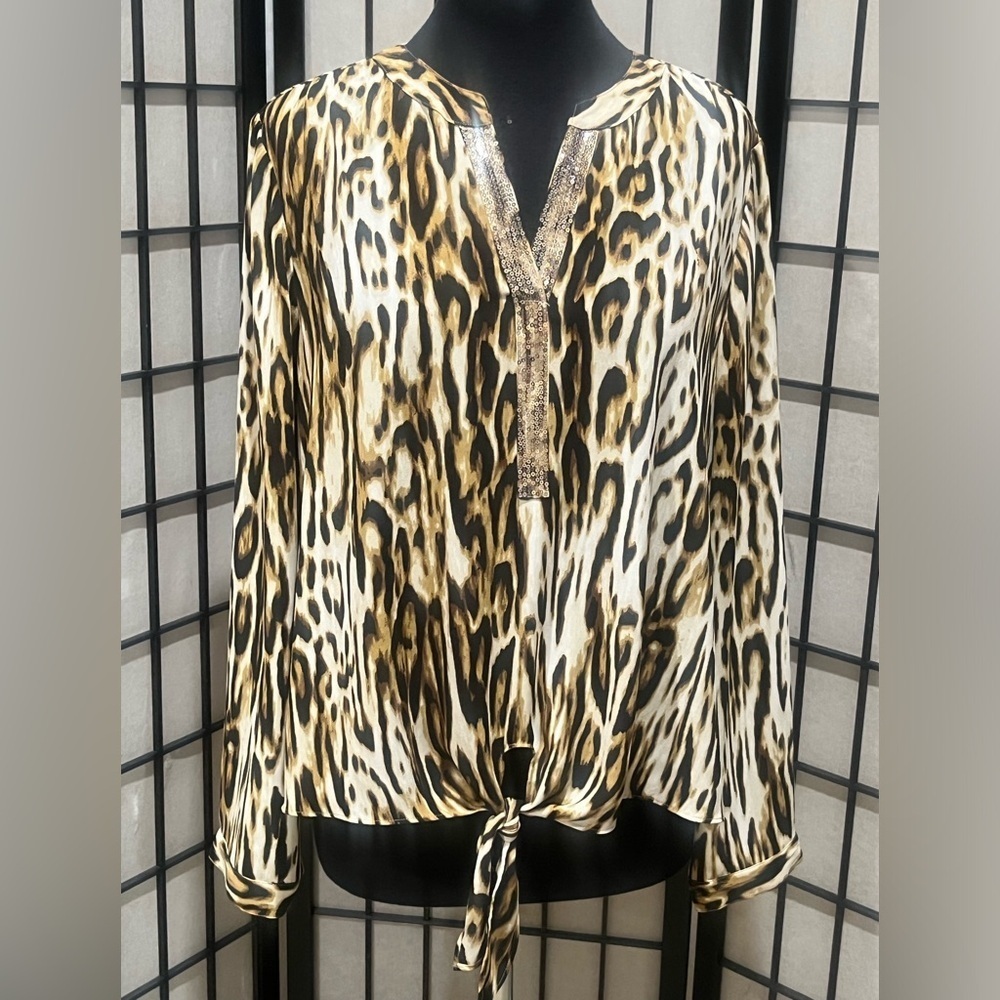 Chico's  BIANCA Black and Brown Animal Print LONG SLEEVE V NECK BLOUSE SIZE L12